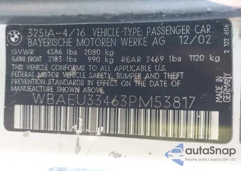 2003 BMW 325Xi из США, поврежденный, VIN WBAEU33463PM53817